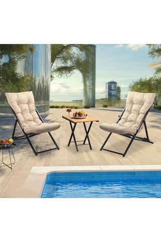 Retodesign 2 Li Sehpalı Metal Krem Şezlong Takımı