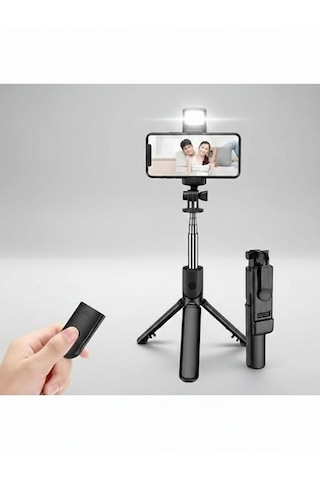 Katlanabilir Uzaktan Kumandalı Selfie Çubuğu Işıklı Masa Üstü Tripod Telefon Tutucu Siyah
