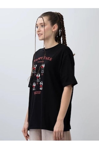 Zekids Kız Çocuk Oversize Köpek Baskılı Tasarım T-shirt-15806 Siyah