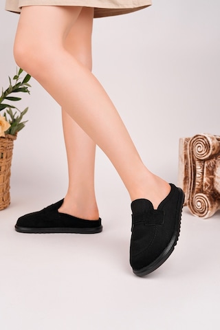 Muggo Vintage Süet Deri Günlük Rahat Önü Kapalı Kadın Loafer Terlik Siyah