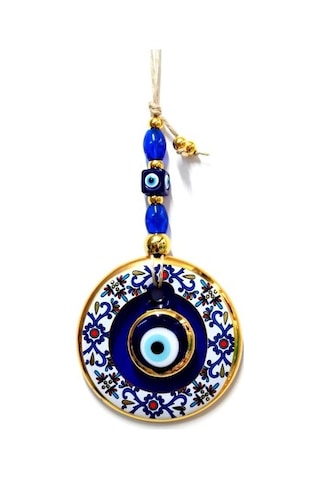 Çini Desenli Nazar Boncuklu Duvar Süsü, Cam El İşçiliği Hediyelik Eşya Altın Yaldızlı Nazar Boncuğu