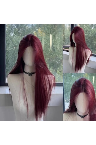 Kırmızı Peruk Uzun Düz Dantel Ön Peruk Kadın İçin Doğa Sentetik Diğer