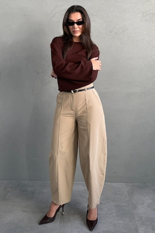 Madmext Bej Modern Kesim Kemerli Yüksek Bel Bol Paça Kumaş Pantolon Mg2618 Bej