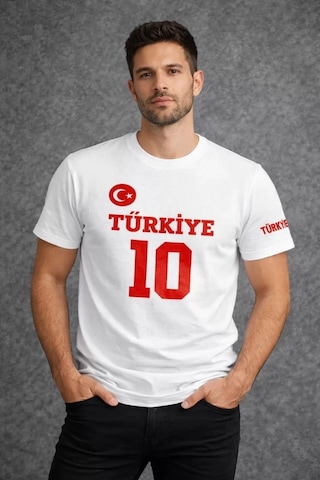 Erkek Türkiye Ay Yıldız Baskılı 10 Numara Forma Tişört Taraftar T-shirt - Beyaz
