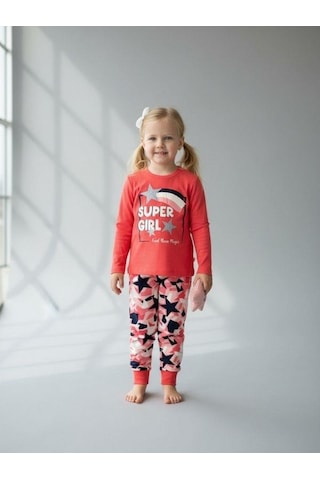 Kız Çocuk Super Girl Yazılı Simli Baskılı Uzun Kollu Pijama Takımı-16828 Pembe