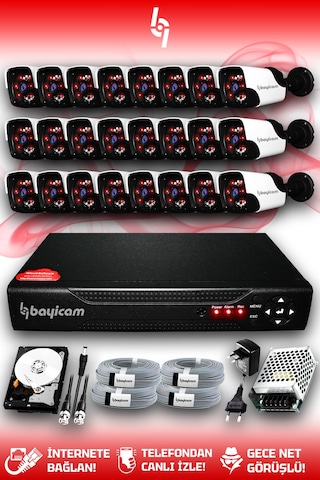Bayicam 24 Kameralı Panda 24 Dış Kamera Set 1 TB HDD Full HD Gece Görüşlü Güvenlik Kamerası Sistemi