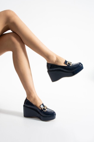 Zenne Shoes Dolgu Topuklu Tokalı Kadın Ayakkabı Lacivert