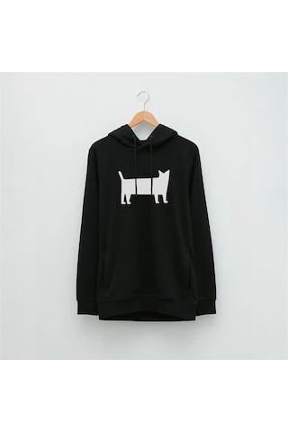 Beyaz Kedi Özel Tasarım Baskılı Kapüşonlu Sweatshirt Siyah