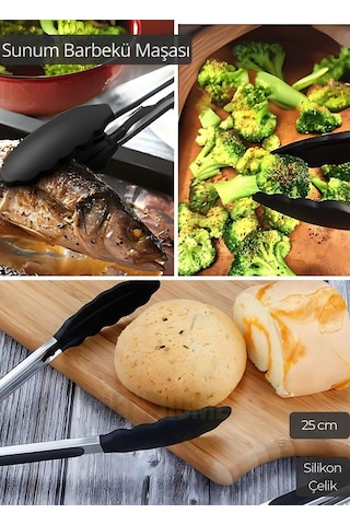 Sunum Maşası Barbekü Maşası Mangal Maşa Silikon Salata Maşası Siyah 25 Cm