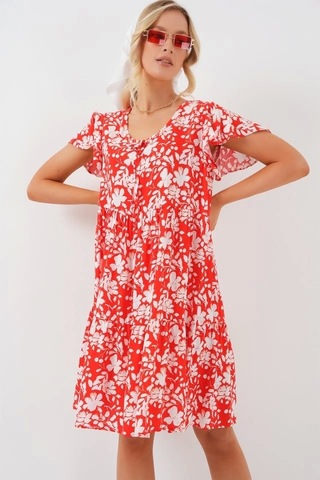 2352 V Yaka Kısa Elbise - Kırmızı Kırmızı