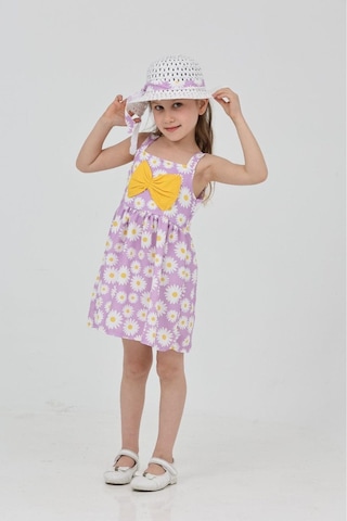 Papatya Baskılı Askılı Şapkalı Elbise Lila