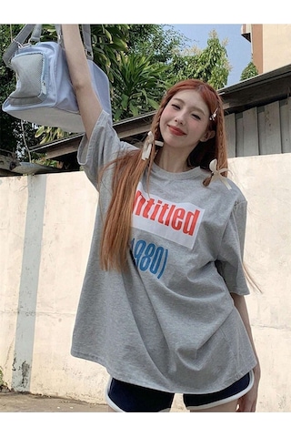 Untitled 1980 T-shirt - Gri Baskılı Oversize Bisiklet Yaka Kısa Kol Gri