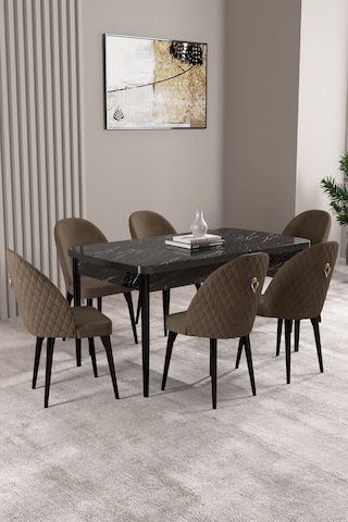 Milas Siyah Mermer Desen 80x132 Mdf Açılabilir Mutfak Masası Takımı 6 Adet Sandalye Kahverengi