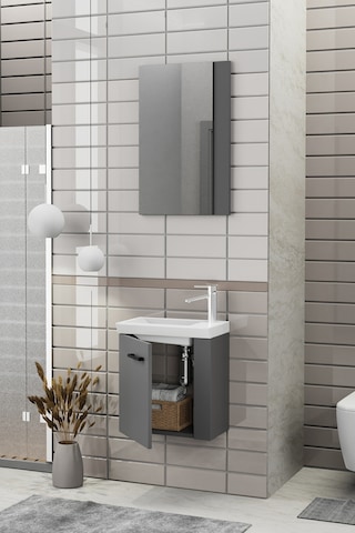 Biani Minila 45 cm Banyo Dolabı,Seramik Lavabolu, Aynalı,Lavabo Dahil,Mdf,Mat Gri
