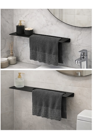 Raflı Siyah Metal Havluluk Modern Banyo Havlu Askısı Siyah