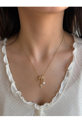 Zirkon Taşlı Yıldız Detay Sallantılı Charm Kolye Gold