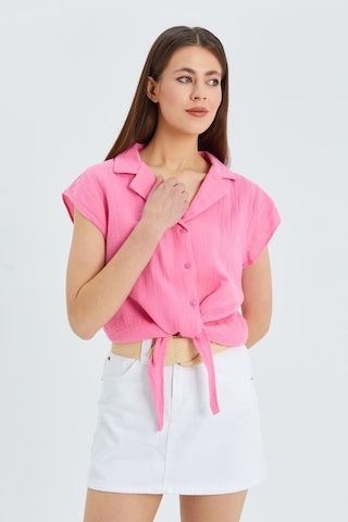 Mixray 4555 Kadın Önü Bağlamalı Müslin Crop Gömlek Pembe