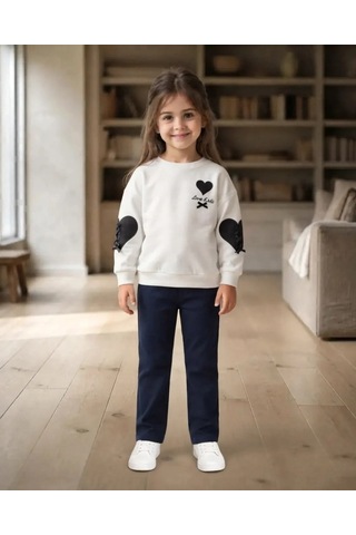Roya Kız Çocuk Beyaz Kalp Detaylı Sweatshirt Kışlık