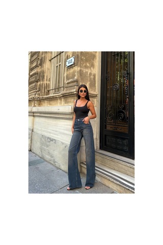 Zdnjeans Kadın Yüksek Bel Wide Leg Palazzo Jeans Pantolon Koyu Mavi