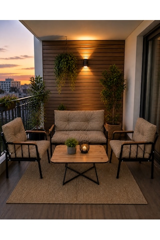Liva Bahçe Balkon Oturma Grubu - 2+1+1 Takım + Sehpa - Siyah Metal İskelet Konforlu Kırpık Dolgu Cappuccino