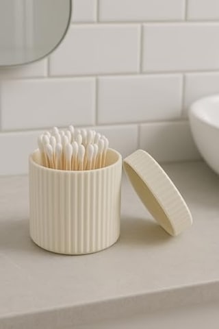 3'lü Banyo Düzenleyici Seti Toka Kutusu Pamukluk Makyaj Ve Kulak Çubuğu Kutusu Organizeri Krem Renkli Çizgili Mat Yüzey Açık Ahşap