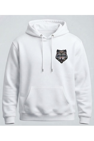 Berru Butik & Textil Kartal Ve Kurt Figürlü Baskı Detaylı Kapşonlu Hoodie / Sweatshirt Kişiselleştirilebilir Beyaz