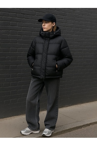 Kapüşonlu Fermuarlı Şişme Siyah Mont Siyah