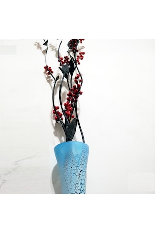 Uzun 15 Kırmızı Salkım Üzümlü 5 Siyah Dal Çatlatma Mavi Cam Vazo