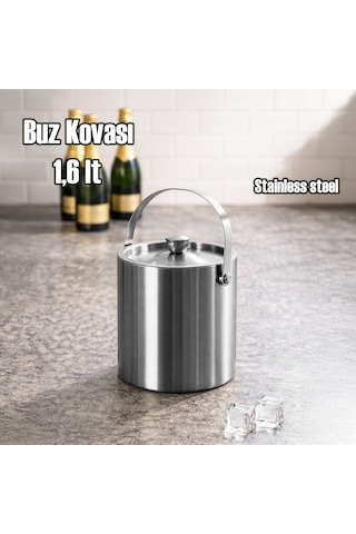 Porsima Lf-1,6 Termoslu Çift Cidarlı İki Katmanlı Paslanmaz Çelik 1,6lt Buz Kovası Kapaklı Buzluk Gümüş Gümüş
