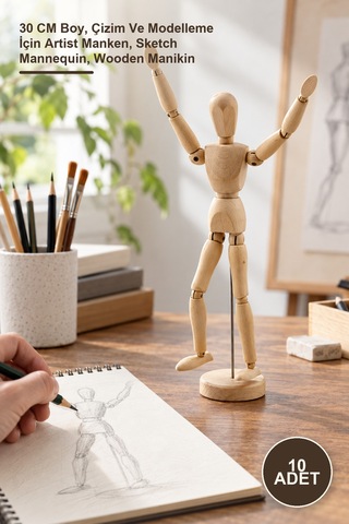 10 Adet Ahşap Eskiz Manken 30 Cm Boy, Çizim Ve Modelleme İçin Artist Manken, Sketch Mannequin, Wooden Manikin