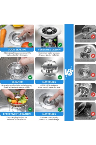 Teltree Stainless Steel Mutfak Lavabo Su Atım Filtresi: 3'lü Fonksiyonlu Su Saklama, Filtreleme, Koku Önleme Tıklama Açık/kapalı Tasarım