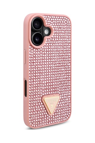 Apple Uyumlu iPhone 16 Plus Kılıf Guess Lisanslı Üçgen Logolu Taşlı Kapak Pembe