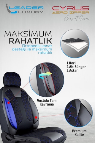 Peugeot 306 Uyumlu Deri Detaylı Oto Koltuk Kılıfı Ön Arka Takım Cyrus Siyah Mavi