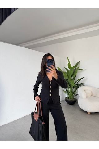 Paw Garage Kadın Selanik Kumaş Ön Düğmeli Ceket & Çimalı Pantolon Takım Siyah