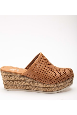 Analin Shoes Kadın Hakiki Deri Burnu Kapalı Dolgu Topuk Terlik Taba