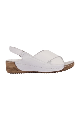Napa Shoes Hakiki Deri Çapraz Bantlı Arkadan Ayarlı Rahat Taban Dolgu Topuk Kadın Sandalet Napa-311 Beyaz