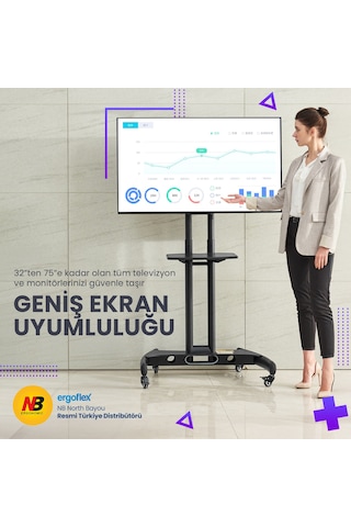 Nb Ergonomic Nb Ava1500-60-1p Lcd Led Oled Plazma Düz Panel Ekranlar İçin 32-75 İnch Tuv Sertifikalı Tekerlekli Profosyonel Tv Sehpası