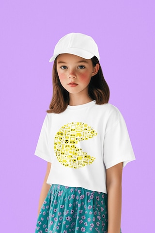 Sevbano Unisex Tasarım Pacman Baskılı Oyun Çocuk Tişört 1-12 Yaş Beyaz