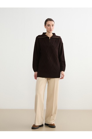 Lcw Modest Kahverengi Polo Yaka Baklava Desenli Kadın Triko Tunik