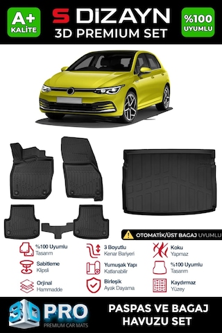 S-dizayn Vw Golf 8 Otomatik 3d Pro Havuzlu Paspas Ve Üst Bagaj Havuzu Seti 2'li Set 2021-2024 A+ K