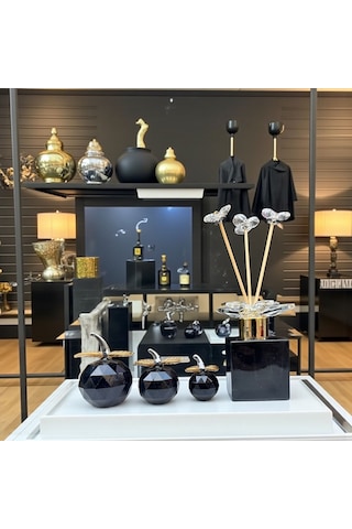 Dekoratif Kristal 7 Parça Set Üçlü Elma Ve Koku Şişesi Siyah Gold 01