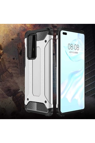 Ekılıf - Huawei P40 Pro Uyumlu - Kılıf Çift Katman Zırh Tank Crash Military Kapak - Kırmızı