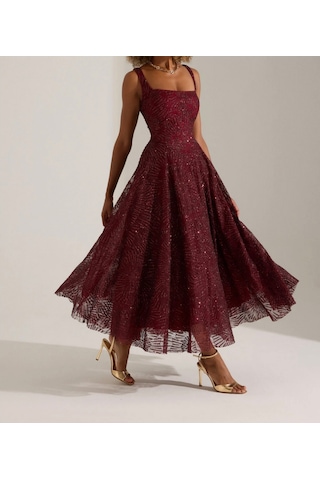 Uzer Abiye Işıltılı Sim Baskılı Jacquard Dokulu Kare Yaka Couture Premium Abiye Elbise,düğün Albisesi Bordo