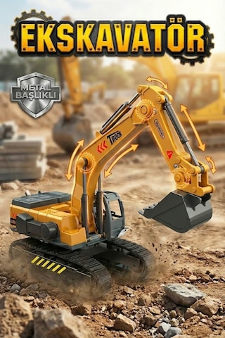 Metal Başlıklı Oyuncak Ekskavatör - Hareketli Kepçe İş Makinesi 26 Cm