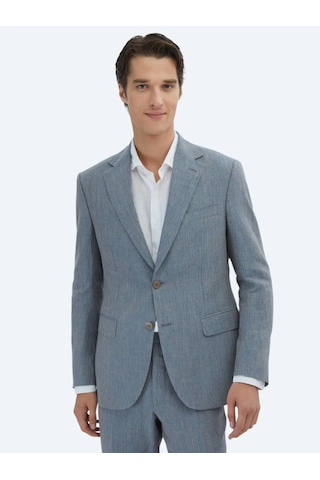 Kip Koyu Mavi Çizgili Modern Fit %100 Keten Takım Elbise Koyu Mavi