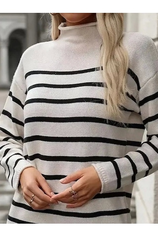 Kadın Uzun Kollu Yarım Balıkçı Yaka Çizgilitriko Mini Boy Elbise Kemersiz Beyaz