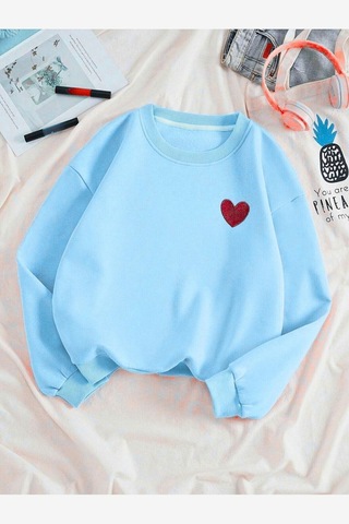 Kırmızı Minimal Kalp Baskılı Sweatshirt - Bebe Mavi Kalın Kışlık Bisiklet Yaka Bebemavi