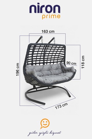 Balina Rattan Çiftli Salıncak - Bahçe Ve Balkon Salıncağı - Minderli Ve Yaylı Model - Özel Teslimat Antrasit