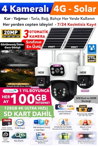 3 Otomatik 4 Kameralı 20mp 4g Güneş Enerjili Solar Güvenlik Kamerası 128gb Sd Kart 1200gb İnternet