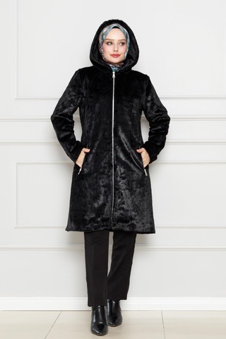 Sevitli Kapüşonlu Peluş Kap-siyah-4516 Siyah
